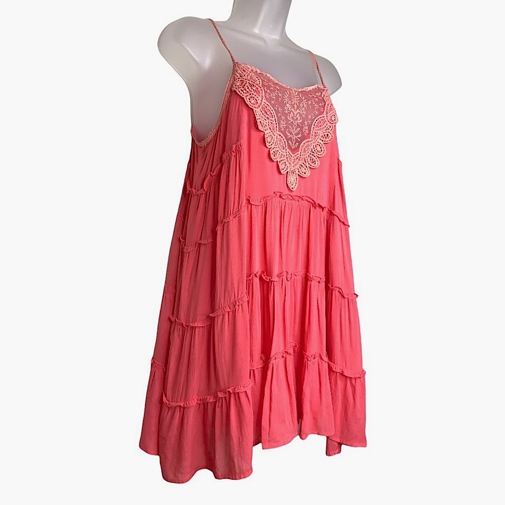 Maddy K Embroidered Lace Mesh Tiered Ruffle Mini Tunic Dress Coral Boho Beach - Picture 2 of 16